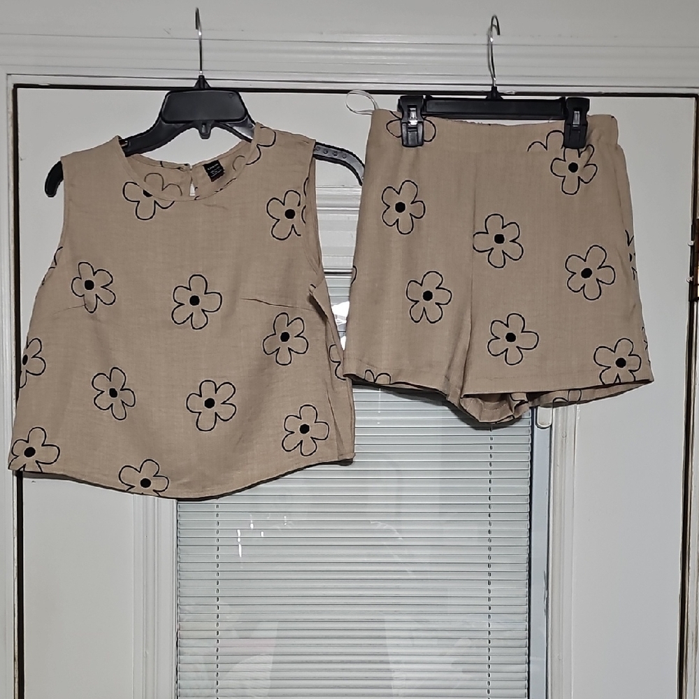 SHEIN Beige Top with Black Floral Accents